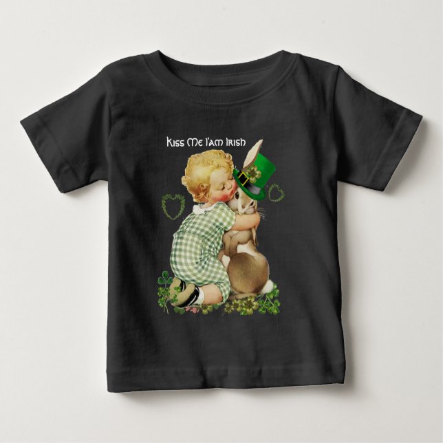 T-SHIRT POUR BÉBÉ KISS ME I AM IRLANDAIS/BÉBÉ, RABBBIT AVEC LE CASQU (Devant)
