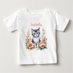 T-shirt Pour Bébé Kitten gris personnalisé en Fleurs roses