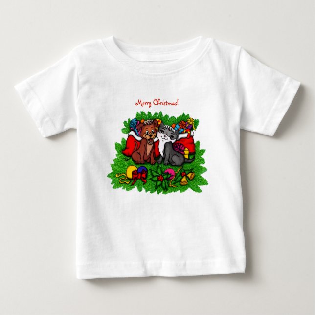 T-shirt Pour Bébé Kitty et chiot, Happy XMas (Devant)