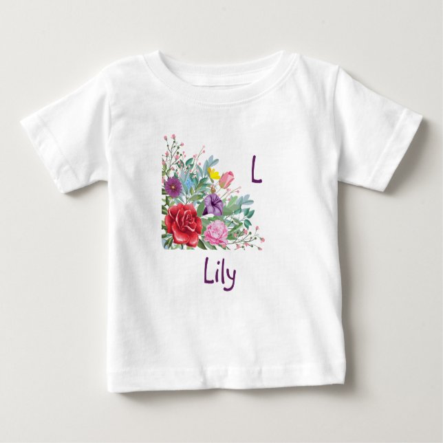T-shirt Pour Bébé L Lily Personnalisez le nom de la lettre, Fleurs R (Devant)