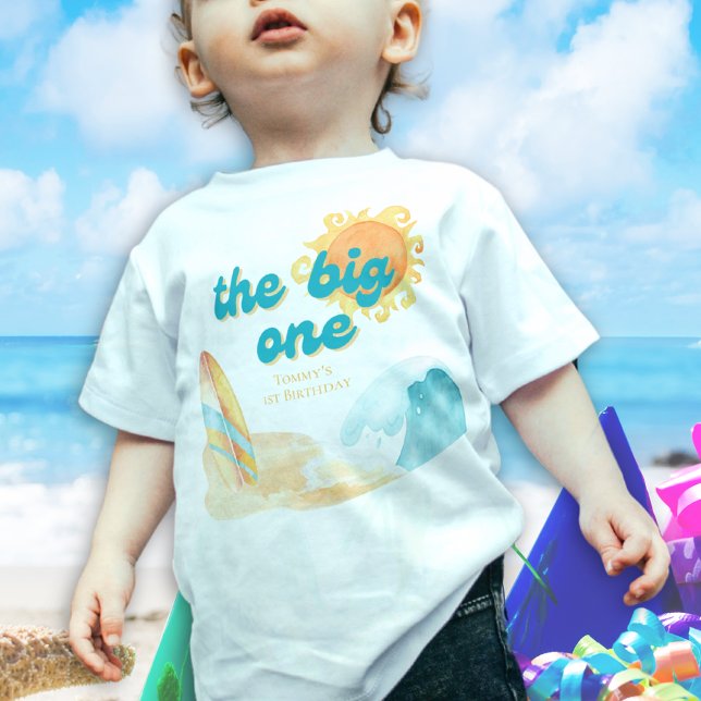 T-shirt Pour Bébé La grande vague de surf de 1er Anniversaire (The Big One 1st Birthday Watercolor Surfboard Wave Baby T-Shirt
)