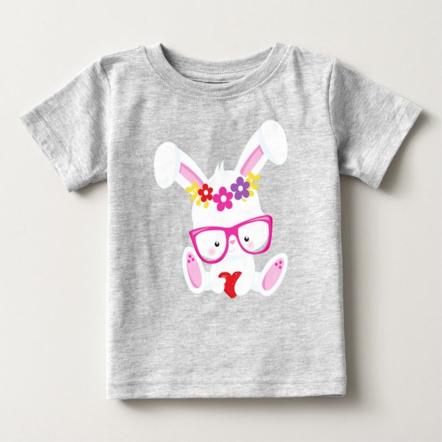 T-shirt Pour Bébé Lapin de la Saint Valentin, Lapin Blanc, Lunettes, (Devant)
