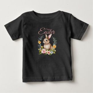 T-shirt Pour Bébé Lapin de Pâques à l'aquarelle avec couronne floral