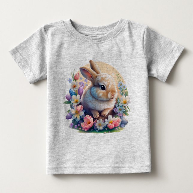 T-shirt Pour Bébé Lapin de Pâques avec Fleurs, Bunny de printemps jo (Devant)