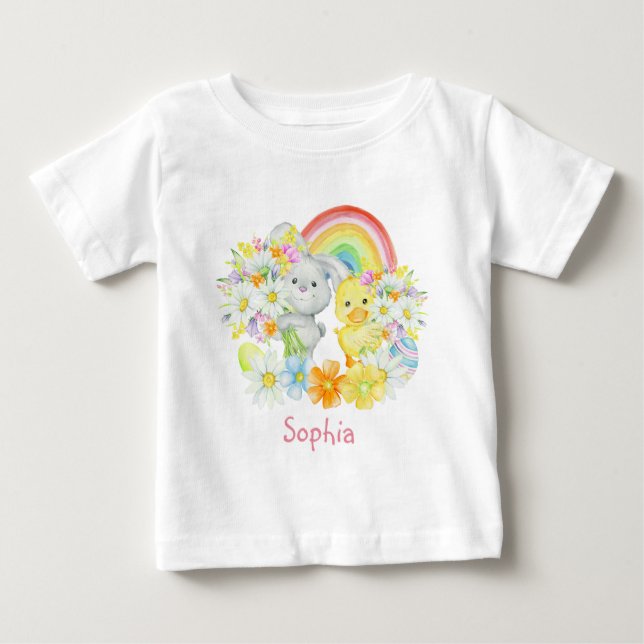 T-shirt Pour Bébé Lapin de Pâques en arc-en-ciel et poussin (Devant)