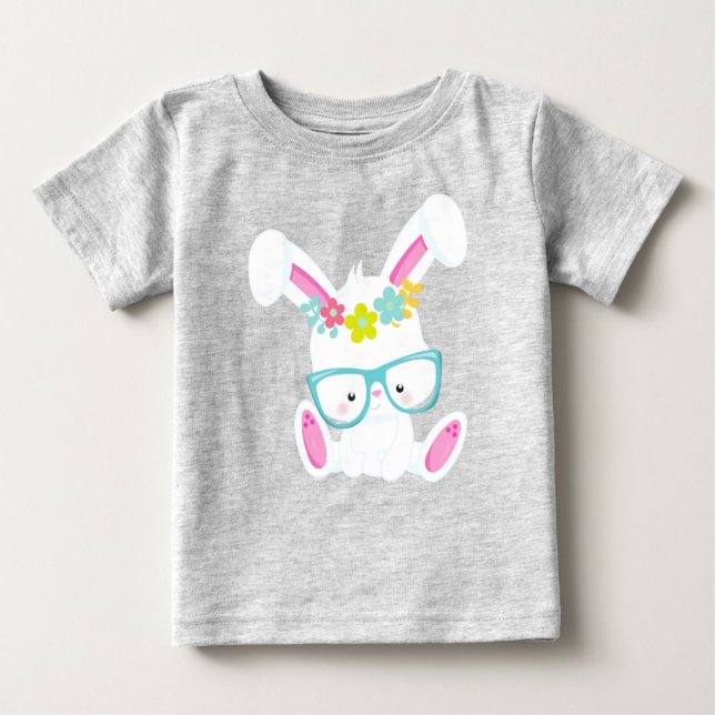 T-shirt Pour Bébé Lapin Hipster, Lapin Avec Lunettes, Lapin, Fleurs (Devant)