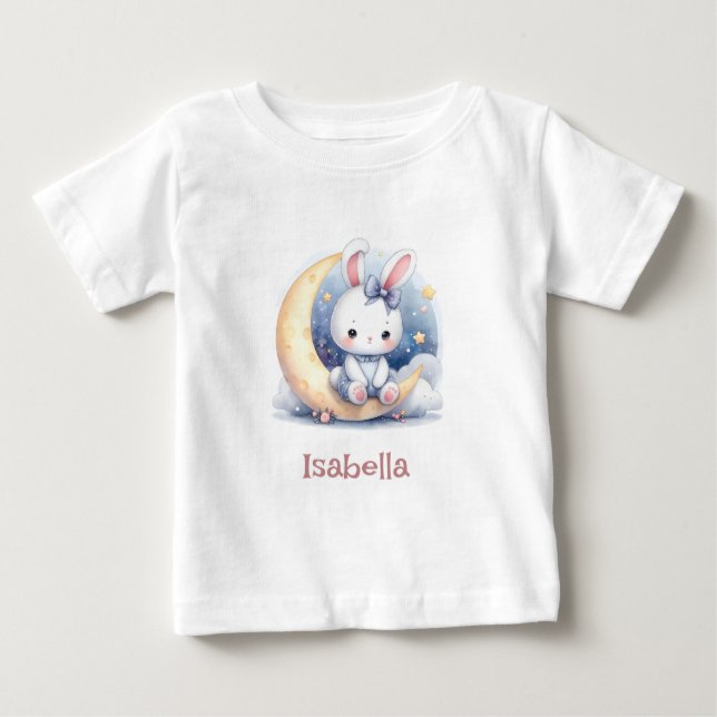 T-shirt Pour Bébé lapin mignon assis sur la lune  (Devant)
