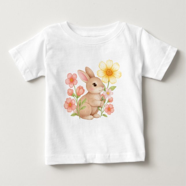 T-shirt Pour Bébé Lapin Mignon Floral Bébé (Devant)