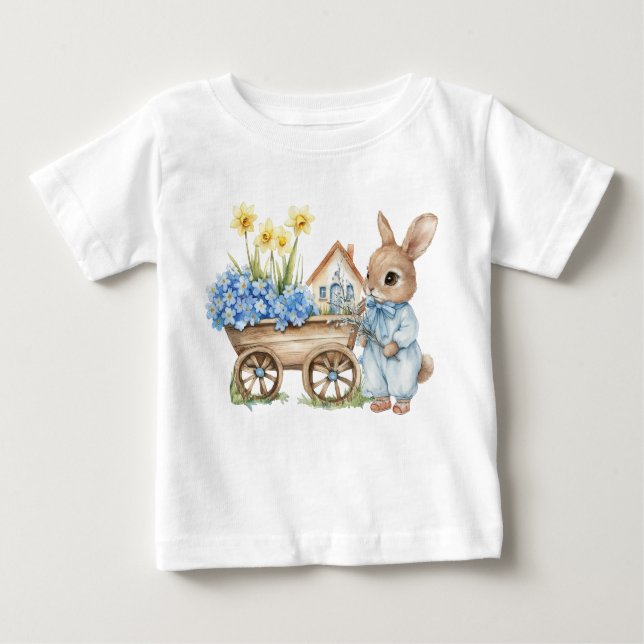 T-shirt Pour Bébé Lapin personnalisé avec des fleurs bleues (Devant)