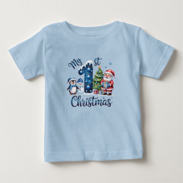 T-shirt Pour Bébé Le premier Noël de bébé garçon Bleu (Devant)