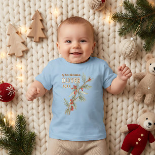 T-shirt Pour Bébé Le premier Noël de bébé Holly Feuillage d'hiver