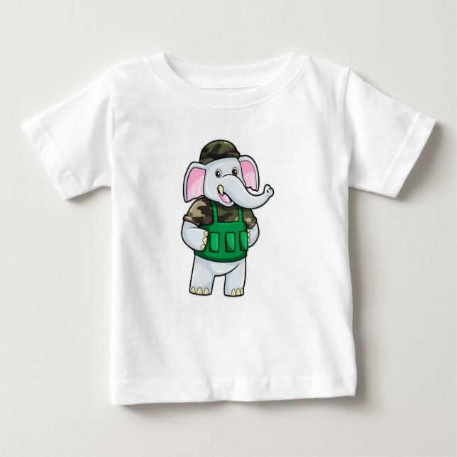 T-shirt Pour Bébé L'éléphant comme soldat avec uniforme et casque (Devant)
