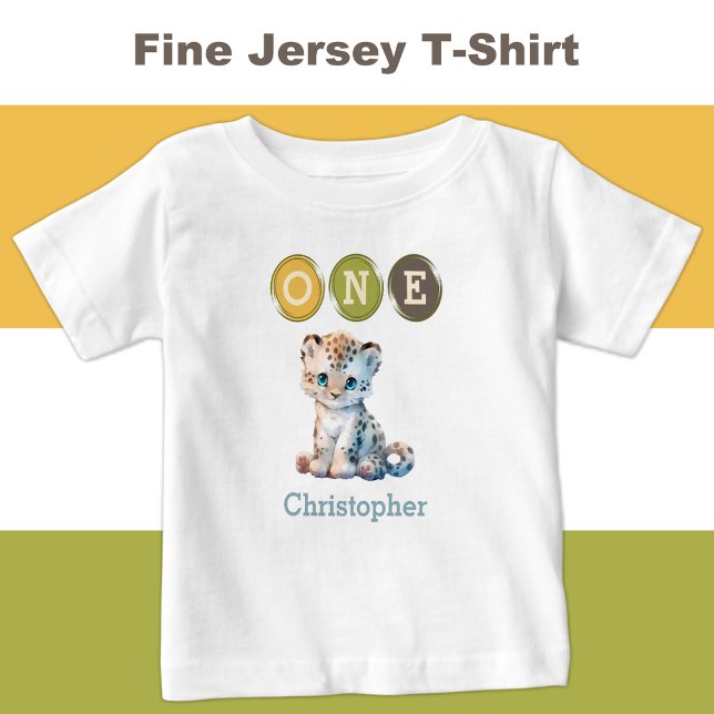 T-shirt Pour Bébé Leopard 1er anniversaire un avec le nom bleu (Créateur téléchargé)