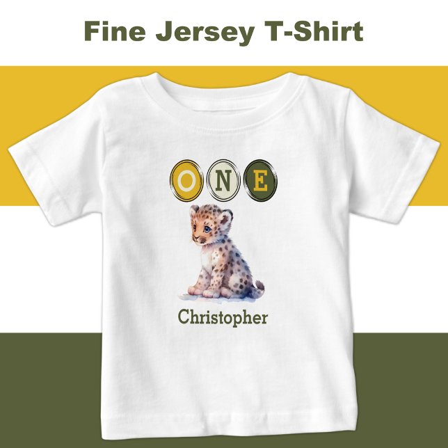 T-shirt Pour Bébé Leopard 1er anniversaire un avec le nom jaune vert (Créateur téléchargé)