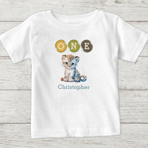 T-shirt Pour Bébé Léopard 1er Anniversaire un avec nom bleu