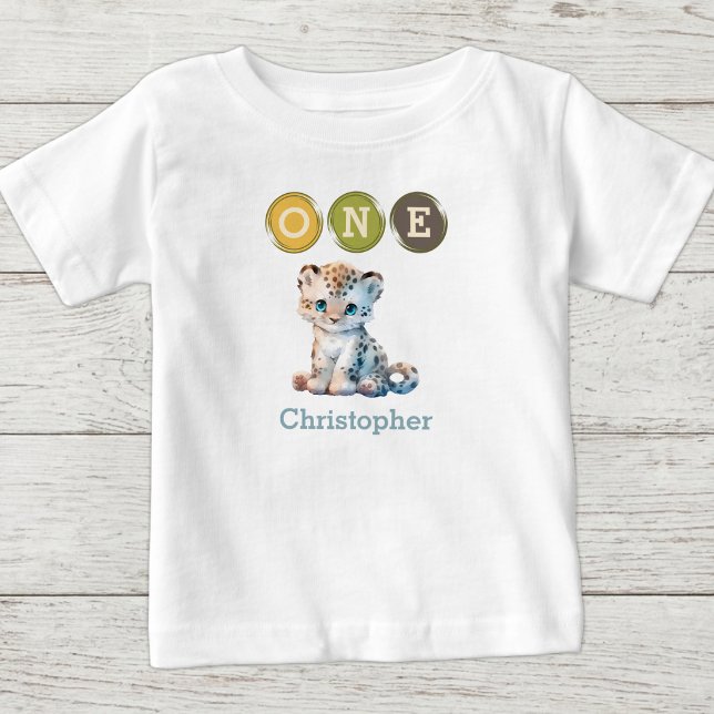 T-shirt Pour Bébé Léopard 1er Anniversaire un avec nom bleu (Créateur téléchargé)