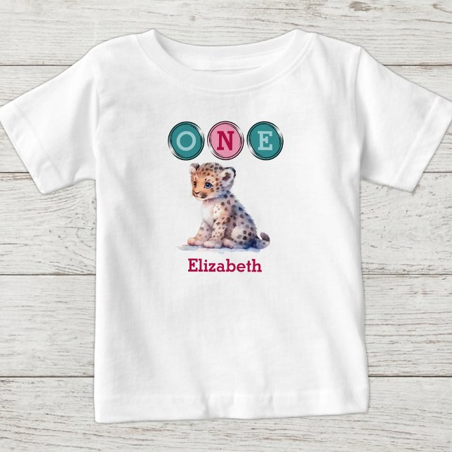 T-shirt Pour Bébé Léopard 1er anniversaire un avec nom rose vert (Créateur téléchargé)