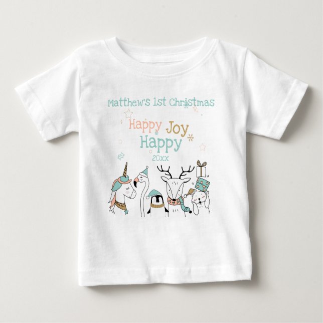 T-shirt Pour Bébé Les animaux mignons 1er Noël du bébé Joyeux Joyeux (Devant)
