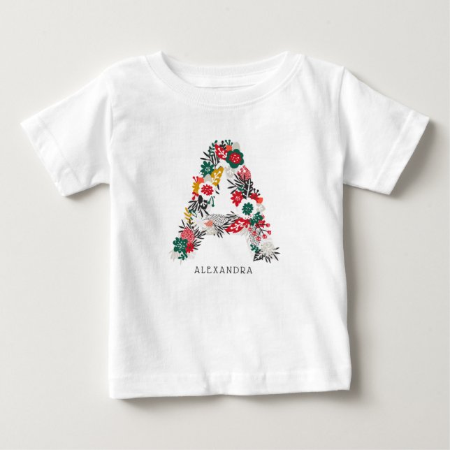 T-shirt Pour Bébé Lettre A | Lettre de monogramme floral fantaisiste (Devant)