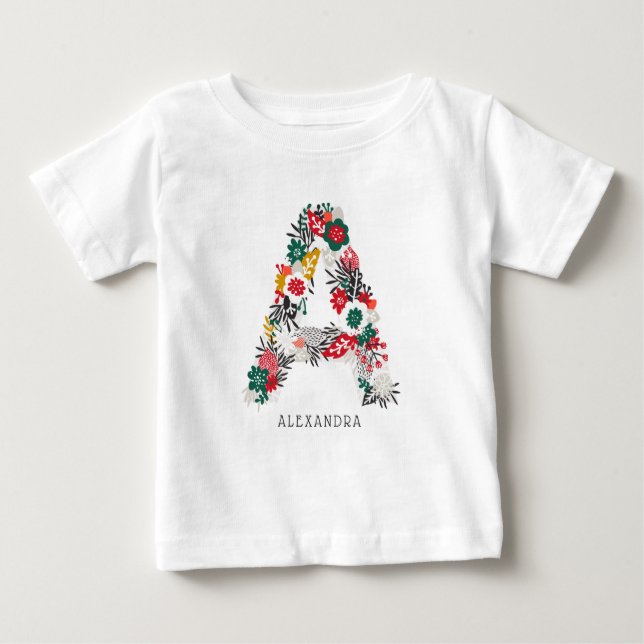 T-shirt Pour Bébé Lettre A | Monogramme de lettre florale fantaisist (Devant)