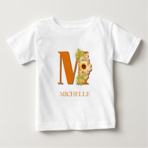 T-shirt Pour Bébé Lettre M Sunflower Monogramme floral avec nom