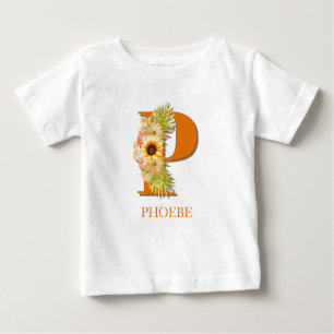 T-shirt Pour Bébé Lettre P Sunflower Monogramme floral avec nom