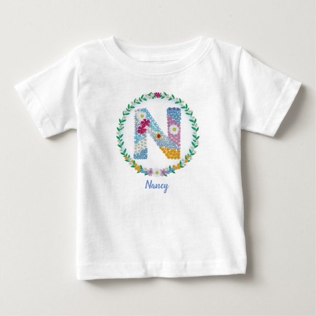 T-shirt Pour Bébé Lettres de fleurs Initiale "N" avec nom personnali (Devant)