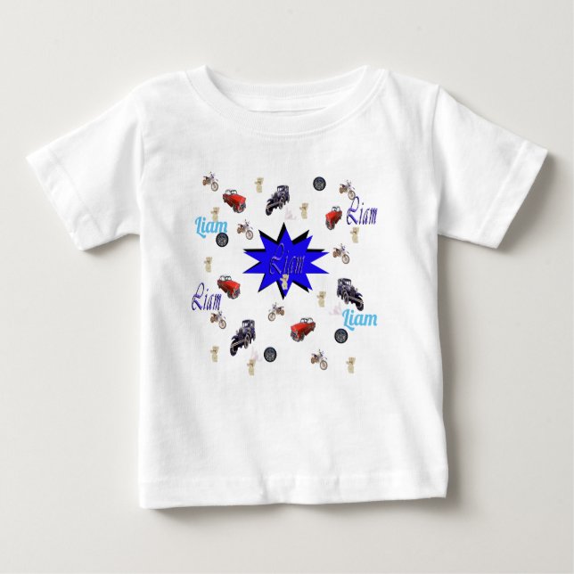 T-shirt Pour Bébé Liam Nom Avec Voitures Oursons Et Motocyclettes, (Devant)