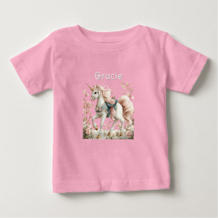 T-shirt Pour Bébé Licorne blanche roses or corne sabots selle bleue