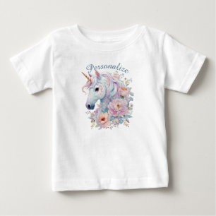 T-shirt Pour Bébé Licorne Fantaisiste Fleurie Nom Personnalisé
