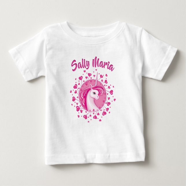 T-shirt Pour Bébé Licorne Rose Et Cœurs Initialisés (Devant)