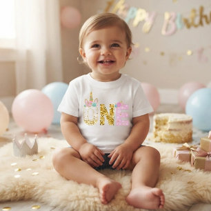 T-shirt Pour Bébé Licorne Rose Pailletée Or 1er Anniversaire