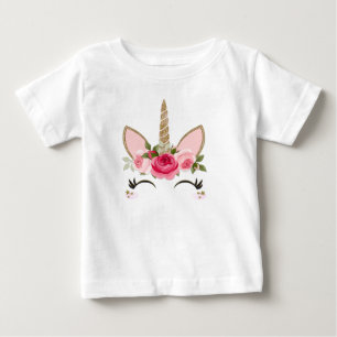 T-shirt Pour Bébé Licorne tendance pailletée or et fleurs roses