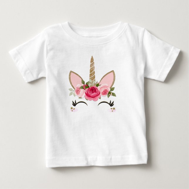 T-shirt Pour Bébé Licorne Tendance Pailletée Or & Fleur Rose (Devant)