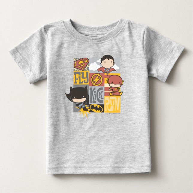 T-shirt Pour Bébé Ligue de justice de Chibi | Voler, Tirer, Exécuter (Devant)