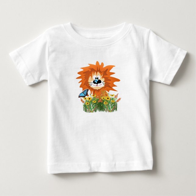 T-shirt Pour Bébé Lion de dessin animé mignon dans un jardin de fleu (Devant)