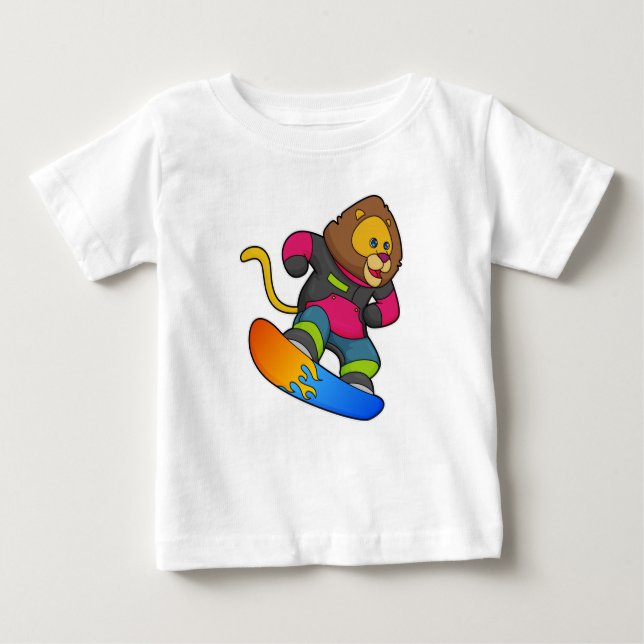 T-shirt Pour Bébé Lion en Snowboard avec Snowboard (Devant)
