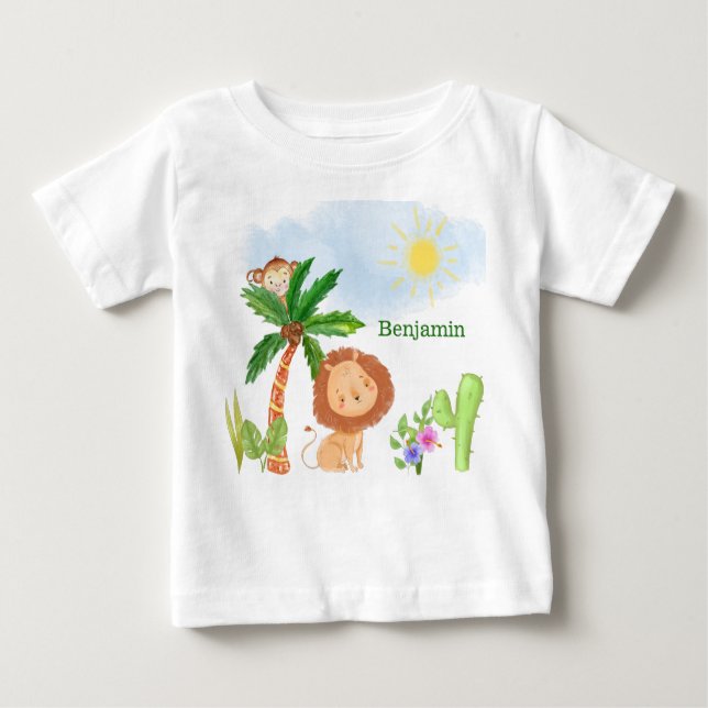 T-shirt Pour Bébé Lion et singe dans une scène de jungle mignonne (Devant)