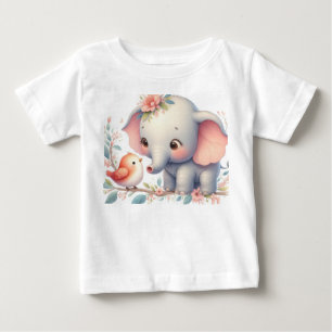 T-shirt Pour Bébé Livre d'histoire Bois Bébés Eléphant et oiseau