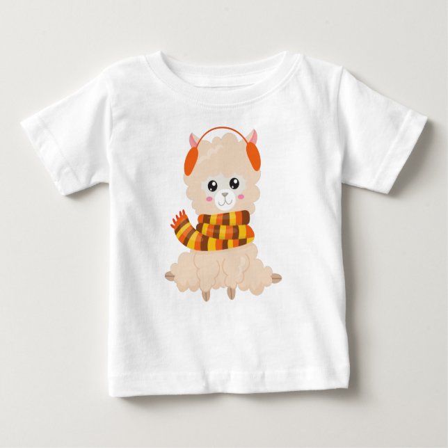 T-shirt Pour Bébé Llama D'Automne, Llama Mignonne, Llama Avec Écharp (Devant)