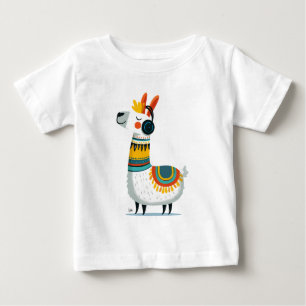 T-shirt Pour Bébé Llama Écoutant de la Musique – Enfant Animal Migno