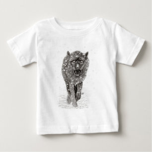 T-shirt Pour Bébé Loup noir en colère dans la neige, hiver sauvage