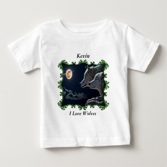 T-shirt Pour Bébé Loups gris regardant vers la pleine lune (Devant)