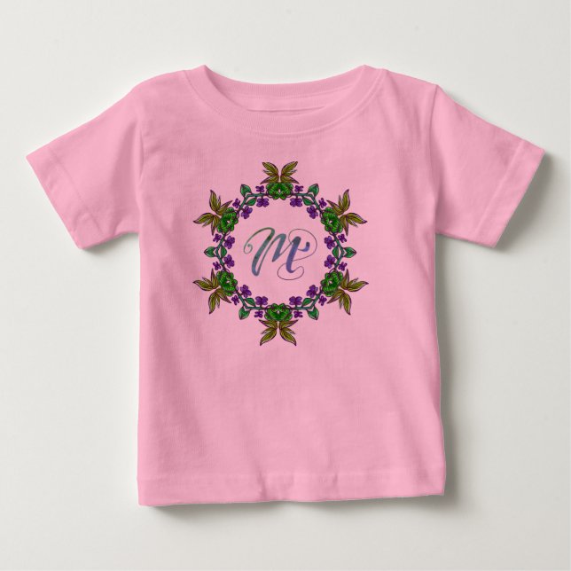 T-shirt Pour Bébé M Initiale Unique Fun Cute Boho Flowers Jolie Fill (Devant)