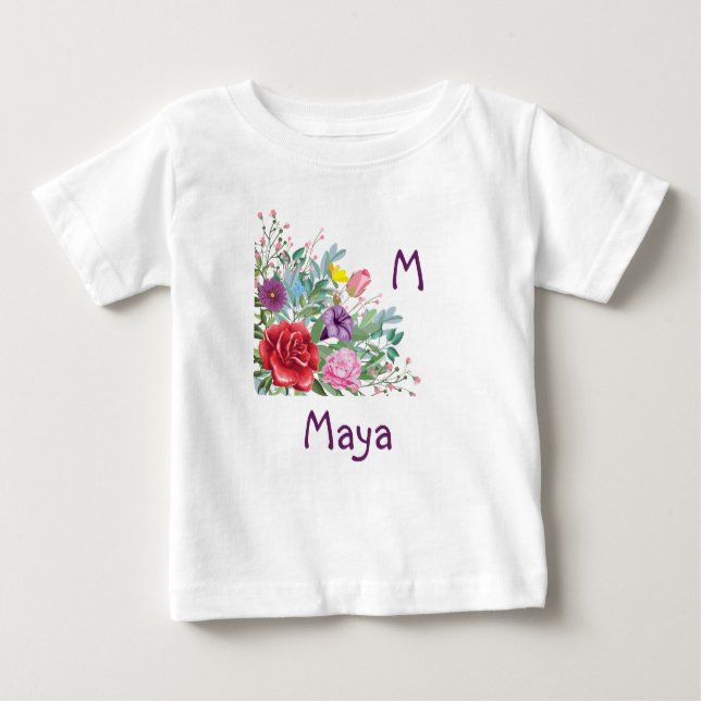 T-shirt Pour Bébé M Maya Personnaliser Nom initial, Fleurs Roses (Devant)