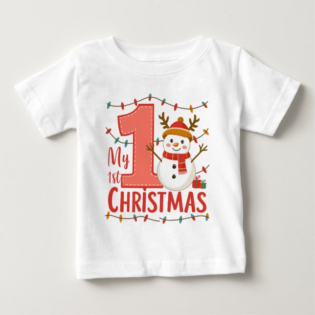 T-shirt Pour Bébé Ma première typographie de Noël mignon Snowman (Devant)