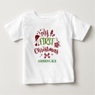 T-shirt Pour Bébé Ma première typographie de Noël Santa hat Monogram