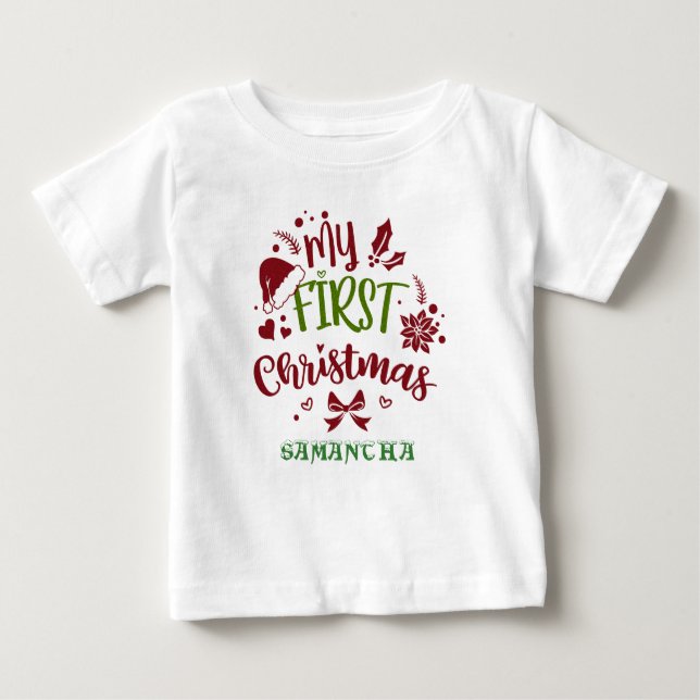 T-shirt Pour Bébé Ma première typographie de Noël Santa hat Monogram (Devant)