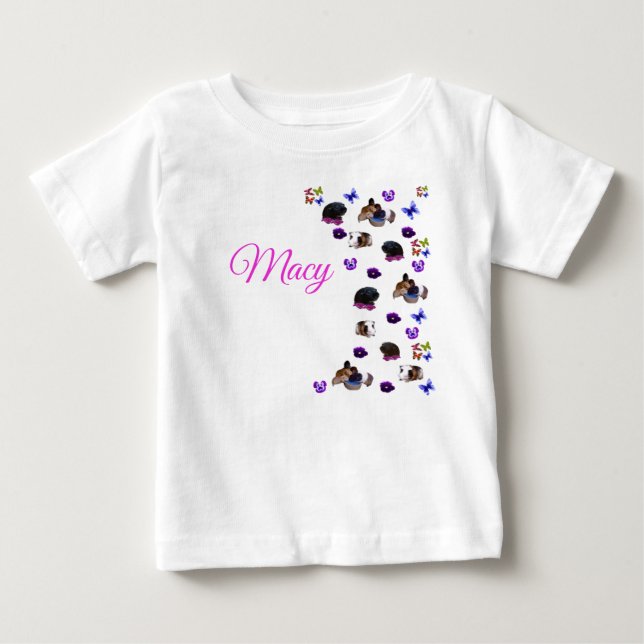 T-shirt Pour Bébé Macy, Nom, Avec Cochons d'Inde Et Pensées, (Devant)