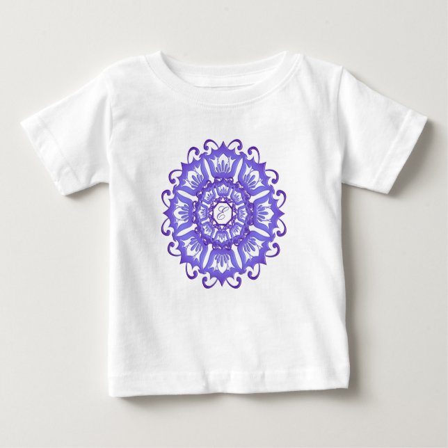 T-shirt Pour Bébé Mandala ethnique turquoise. monogramme. (Devant)
